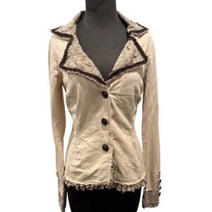 Daytrip Women Cream Cotton Lace Trim Button Up Blazer Jacket Victorian Boho L